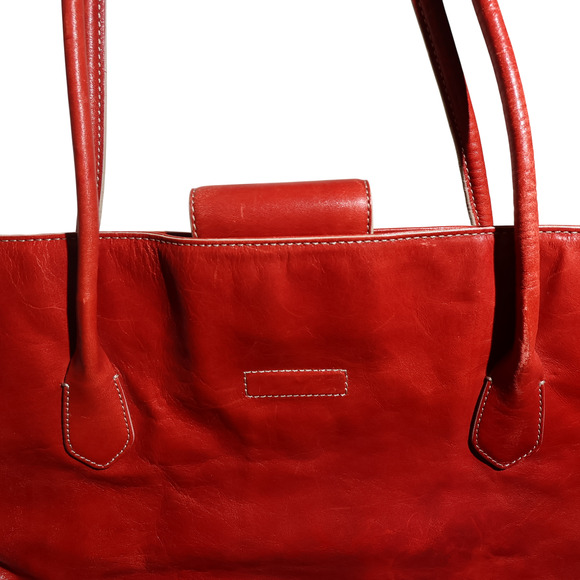 COLE HAAN Deep Red Leather Tote Bag XL Blue Lining Carry All Statement Feminine - Picture 4 of 14